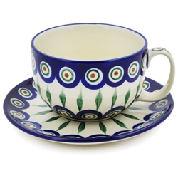 Polish Pottery 13 oz. Cup and Saucer Set. Hand made in Poland and artist initialed.