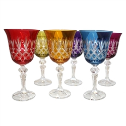 Beautiful set of six crystal tulip shaped wine glasses.  Classic lace cut pattern all done by hand in Poland.  Six different colors in a set.