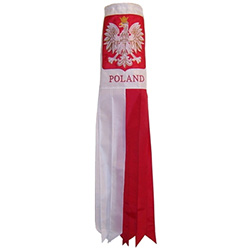 This 40" - 101cm  Polish windsock, made from weather resistant polyester features a Polish Eagle applique that is elegantly embroidered with gold and white thread.  Underneath is the word "Poland" also embroidered. A perfect decoration for your boat, porc