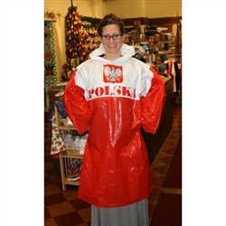 Large lightweight red and white plastic rain poncho with the Polish Eagle on the front and the word "Polska" (Poland) on both back and front.  One size fits most.  Comes with its own plastic belt.