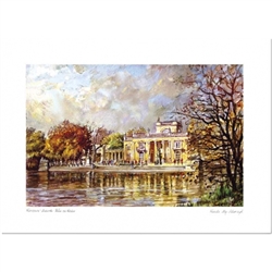 Beautiful print of a watercolor by Polish artist Wanda Maj-Adamczyk.  The famous Lazienki Palace as seen from the water in front. Suitable for framing.  Includes an envelope for mailing.  Packaged in clear resealable polypropylene.
