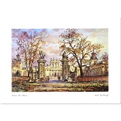 Beautiful print of a watercolor by Polish artist Wanda Maj-Adamczyk.  The entrance to Wilanow, the summer palace used by the kings of Poland on the outskirts of present day Warsaw.  Includes an envelope for mailing.  Packaged in clear resealable polypropy