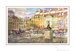 Beautiful print of a watercolor by Polish artist Wanda-Maj Adamczyk.  View of Warsaw's Old Town Market Square and the monument of the symbol of Warsaw, the Syrena.   Suitable for framing.  Includes an envelope for mailing.  Packaged in clear resealable po