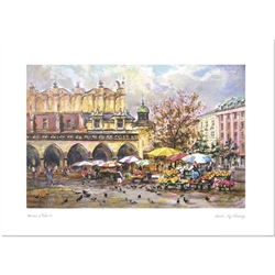 Beautiful print of a watercolor by Polish artist Michal Adamczyk.  This is the northeast corner of the Cloth Hall where the flower vendors set up their stands each day.  Suitable for framing.  Includes an envelope for mailing.  Packaged in clear resealabl