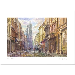 Beautiful print of a watercolor by Polish artist Michal Adamczyk. View to the south towards St. Mary's Church near the Main Square. Suitable for framing.  Includes an envelope for mailing.  Packaged in clear resealable polypropylene.