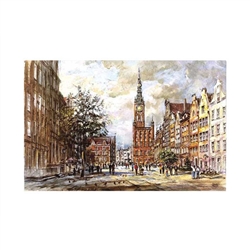 Beautiful print of a watercolor by Polish artist Michal Adamczyk. Looking west on the main street of Old Town Gdansk with the Town Hall in the background.  Suitable for framing.  Includes an envelope for mailing.  Packaged in clear resealable polypropylen