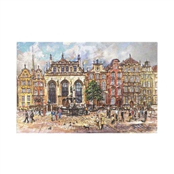 Beautiful print of a watercolor by Polish artist Michal Adamczyk. Looking north we see the famous fountain of Neptune in front of the Artus Manor nestled between the other historic buildings on Long Street.  Suitable for framing.  Includes an envelope for