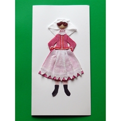 This card is dressed with material and wooden head to give a very special doll-like effect.   Our maiden is from Rzeszow in southeastern Poland.