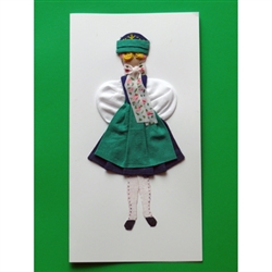 This card is dressed with material and wooden head to give a very special doll-like effect.   Our maiden is from the Kaszub region in northern Poland.
