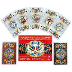 Delightful set of Polish playing cards featuring a large variety of Lowicz style paper cut designs. Made in Krakow. Double deck of 55 cards each.
&#8203;Box design can also vary.