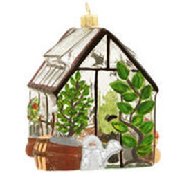 For garden enthusiasts, our charming 3-dimensional green house ornament is sure to grow into a beautiful addition to your holiday decorations!  Exquisitely designed in glass with colorful accents of silver, copper and green glitter, our 4" tall green hous