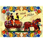 This beautiful note card features a scene of the bride and groom in their wedding carriage.  The scene is framed in colorful paper cut flowers from the Lowicz region of Poland. The mailing envelope features flowers in both the foreground and background.