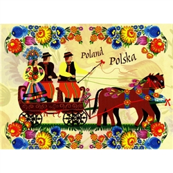 This beautiful note card features a scene of the bride and groom in their wedding carriage.  The scene is framed in colorful paper cut flowers from the Lowicz region of Poland. The mailing envelope features flowers in both the foreground and background.