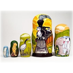 This charming and colorful nesting doll features scenes from John Burningham's children's book Hey! Get Off Our Train. In the story, a boy takes a magical train ride and meets endangered animals along the way: an elephant, seal, stork, tiger and polar bea