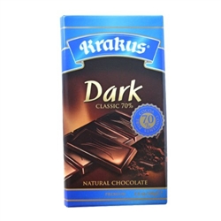 Krakus brand dark chocolate bar made in Poland. 70% cocoa content.
May contain traces of peanuts, other nuts, sesame, milk, wheat and egg.
