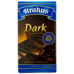 Krakus brand dark chocolate bar made in Poland. 90% cocoa content.
May contain traces of peanuts, other nuts, sesame, milk, wheat and egg.