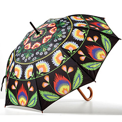 What a unique item!  Designed in Poland this beautiful umbrella features a Polish paper cut design.  Sturdy wooden handle and shaft with metal frame ribbing and a polyester folk print cover.  Large 41" - 105cm dish diameter and 35" - 89cm long.