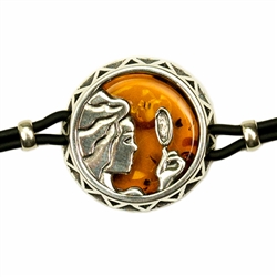 Sterling Silver and Baltic amber Virgo zodiac sign charm on a durable cord made of black rubber.