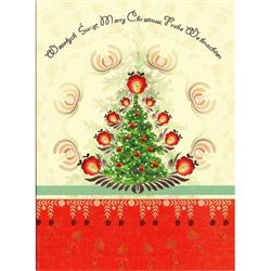 A beautiful glossy Christmas card featuring a Christmas tree glowing with Polish paper cut flowers. Cover greeting in Polish, English, and German.  Blank On The Inside.
Cover greeting in Polish, English, and German.