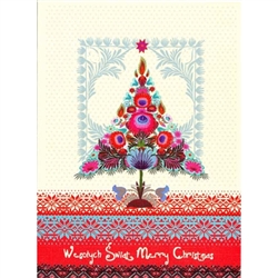 A beautiful glossy Christmas card featuring a Christmas tree created by colorful paper cut flowers.
Cover greeting in Polish and English