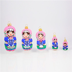 Hand painted glass blown set of 5 Matrushka ornaments.  Packed in a display box.  Ornaments range in size from 4" - 1.5" - 10cm - 4cm tall.  Made In Poland
