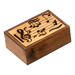 Take Note! Polish Box. The treble clef, the key of B flat, and a variety of notes decorate the lid of this box. Hand stained and hand carved. Walnut finished borders and sides.