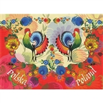 This beautiful note card features a pair roosters, the traditional symbol representing fertility and bounty.  The scene is framed in colorful paper cut flowers from the Lowicz region of Poland. The mailing envelope features flowers in both the foreground