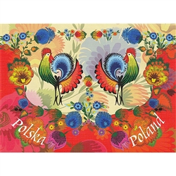 This beautiful note card features a pair roosters, the traditional symbol representing fertility and bounty.  The scene is framed in colorful paper cut flowers from the Lowicz region of Poland. The mailing envelope features flowers in both the foreground