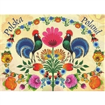 This beautiful note card features a pair of roosters below a rainbow of paper cut flowers and surrounded by a garden of colorful paper cut flowers from the Lowicz region of Poland. The mailing envelope features flowers in both the foreground and backgroun