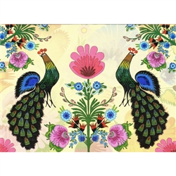 This beautiful note card features a pair of peacocks surrouinded by a gardenful of colorful paper cut flowers from the Lowicz region of Poland. The mailing envelope features flowers in both the foreground and background.  Spectacular!