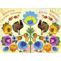 This beautiful note card features a pair of roosters surrouinded by a garden full of colorful paper cut flowers from the Lowicz region of Poland. The mailing envelope features flowers in both the foreground and background.   Features Poland in six languag