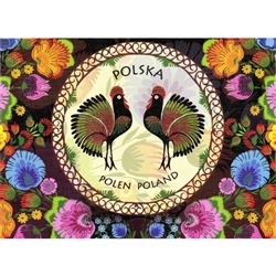 This beautiful note card features a pair of roosters surrounded by a garden full of colorful paper cut flowers from the Lowicz region of Poland. The mailing envelope features flowers in both the foreground and background.  Spectacular!