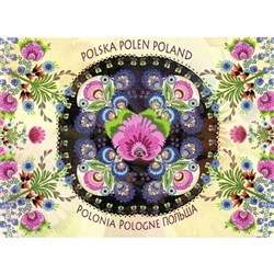 This beautiful note card features a dark floral centerpiece surrounded by a garden full of colorful paper cut flowers from the Lowicz region of Poland. The mailing envelope features flowers in both the foreground and background.  Features Poland in six la