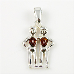 Hand made Cognac Amber Gemini pendant with Sterling Silver detail.  May 21 - June 20