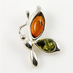 Hand made Green and Honey Amber Butterfly Pendant with Sterling Silver detail.