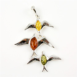 Hand made Multi-Color Amber Birds in Flight Pendant with Sterling Silver detail.