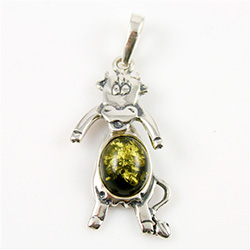 Hand made Green Amber Dancing Cow Pendant with Sterling Silver detail.