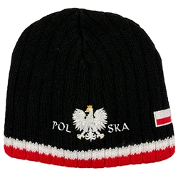 Display your Polish heritage!  Black stretch ribbed-knit skull cap with the word Polska (Poland) below the Polish Eagle. Easy care acrylic fabric.  Once size fits most.  Imported from Poland.