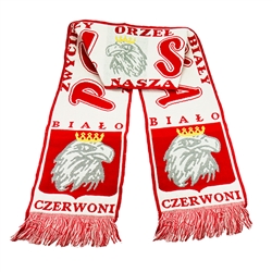 Display your Polish heritage!  Polska scarves are worn in Poland at all major sporting events.  Features Poland's national symbol the crowned white eagle bordered by the phrase "Bialo Czerwoni" - "White and Red" and Zwyciezy Orzel Bialy, Zwyciezy Nasza Br