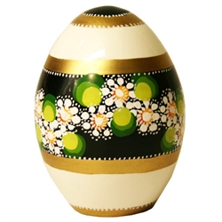These beautiful goose size wooden eggs have a flat bottom so no stand is required.  The background color is white and the floral designs are different.  No two eggs are alike.