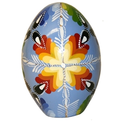 These beautiful goose size wooden eggs have a flat bottom so no stand is required.  The background color is light blue and the floral designs are different.  No two eggs are alike.