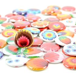 These small pin back buttons are bright and colorful, featuring traditional Polish wycinanki printed designs. We make these buttons in house, a Polish Art Center exclusive!  Set of 6 buttons.