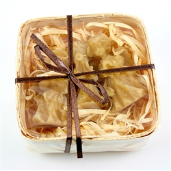 Set of 3 pure Polish beeswax candle angels nestled in a bed of wood shavings and housed in a box of woven wood.  Beautiful gift box.