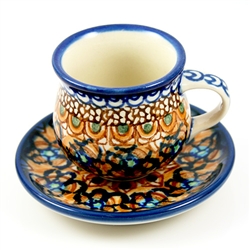 Polish Pottery 3 oz. Espresso Cup and Saucer. Hand made in Poland. Pattern U152 designed by Maryla Iwicka.