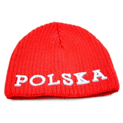 Display your Polish heritage!  Red stretch ribbed-knit skull cap with the word Polska (Poland) embroidered on the front.  Easy care acrylic fabric.  Once size fits all.  Imported from Poland.