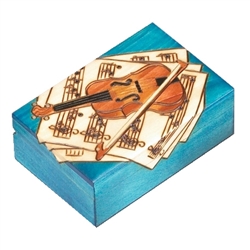 This box features a violin and bow resting on top of several sheets of music. A vibrant blue stain completes the design.