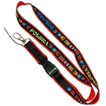 Black band imprinted with Polish paper cut designs and the words, Polska, Poland, Polonia and Pologne ( Polish, English, Italian and French) sewn on a red soft nylon band.  Convenient detachable end with a metal lobster clip for hanging keys, ID, etc.
