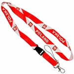 Red and white polyester band featuring the words Poland and Poland between crests of the Polish Eagle.   Convenient detachable end with a metal lobster clip for hanging keys, ID, etc.