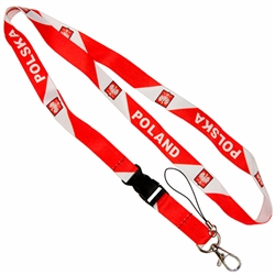 Red and white polyester band featuring the words Poland and Poland between crests of the Polish Eagle.   Convenient detachable end with a metal lobster clip for hanging keys, ID, etc.