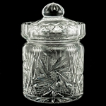 Lovely covered canister style jar. This is genuine Polish lead crystal hand cut with a star burst design. 1.5 Liter capacity